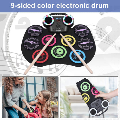 Anpro Nine-Sided Electronic Color Drum Kit, 8PCS Drum Practice Set, portable electric drum, built-in audio with headphone jack, LED color screen, Best Birthday Gift