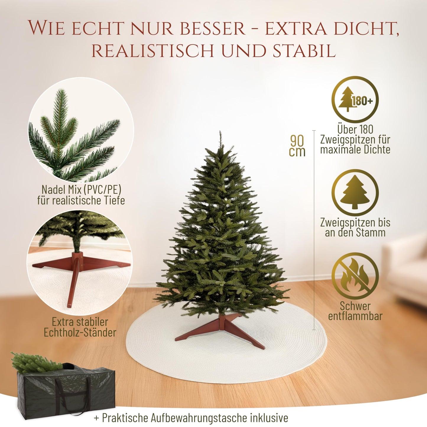 Premium Artificial Christmas Tree 180cm - AWARD WINNER - Realistic, dense branches, Artificial Christmas Tree with wooden stand and storage bag - Artificial Pine Tree by Pure Living.