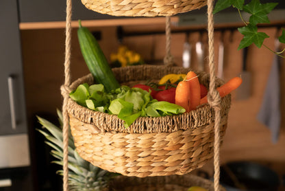 Decorasian hanging fruit basket, Large XXL tiered stand with 3 baskets made of water hyacinth - fruit rack for storing fruit and vegetables - hanging basket