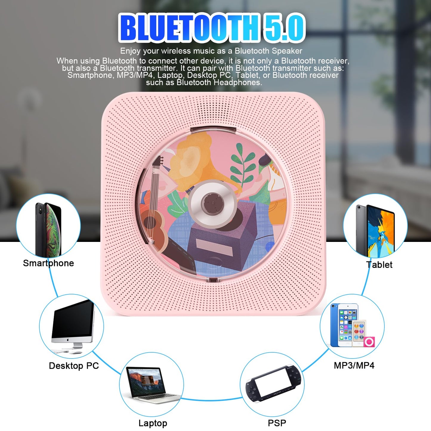 Gueray Portable CD Player with Bluetooth Desktop CD Player for Home Built-in Dual HiFi Speakers AUX Headphone Jack FM Radio Boombox with Remote Control USB Port LCD Display (Pink)