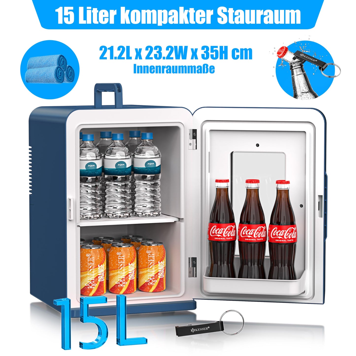 KESSER 2in1 Mini Fridge Cooler 15 liters with cooling and heating function. Portable with AC DC 220-240V/12V plug and car lighter. Keeps food warm. Perfect for car, office, room, camping, and garden in navy blue color.