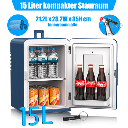 KESSER 2in1 Mini Fridge Cooler 15 liters with cooling and heating function. Portable with AC DC 220-240V/12V plug and car lighter. Keeps food warm. Perfect for car, office, room, camping, and garden in navy blue color.
