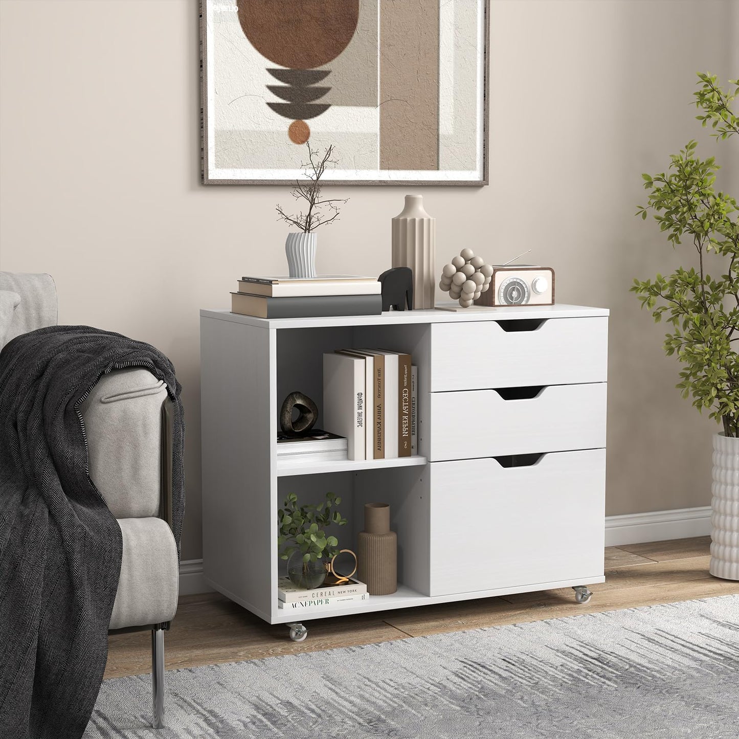 GOPLUS Roll container, mobile filing cabinet with 5 wheels, 3 drawers and 2 open compartments, office cabinet printer stand for documents in A4, letter & legal format (white)