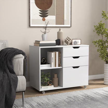 GOPLUS Roll container, mobile filing cabinet with 5 wheels, 3 drawers and 2 open compartments, office cabinet printer stand for documents in A4, letter & legal format (white)