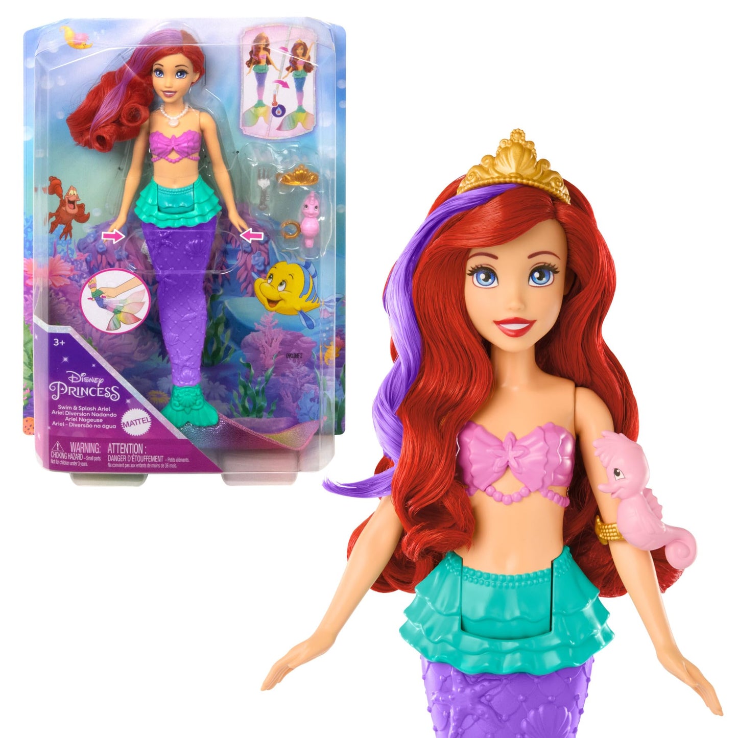 Mattel DISNEY Ariel - Mermaid doll with color change effect, includes seahorse friend, tiara, necklace, and dinglehopper for underwater adventures, HPD43