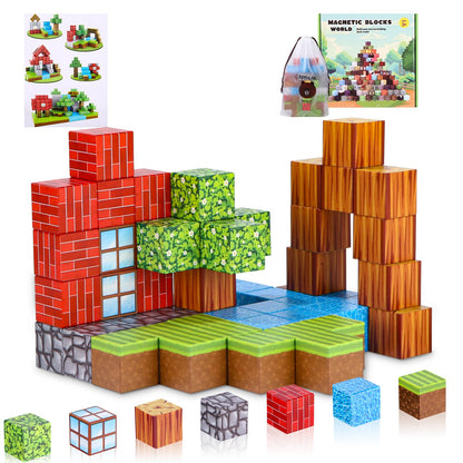 Azyvum Magnetic Building Blocks, 64 Pieces Magnetic Building Blocks for Kids, Forest World Montessori Sensory Cube for Toddlers, Magnetic Birthday Gifts for 3-10 year old boys and girls.