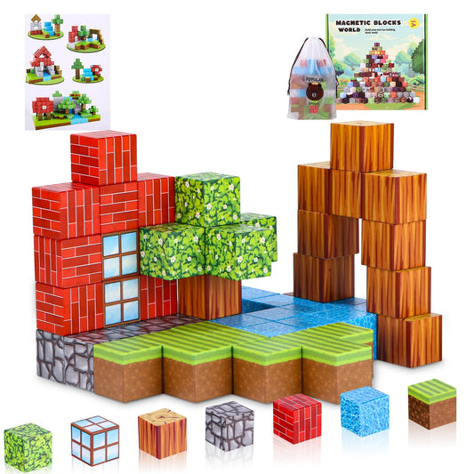 Azyvum Magnetic Building Blocks, 64 Pieces Magnetic Building Blocks for Kids, Forest World Montessori Sensory Cube for Toddlers, Magnetic Birthday Gifts for 3-10 year old boys and girls.