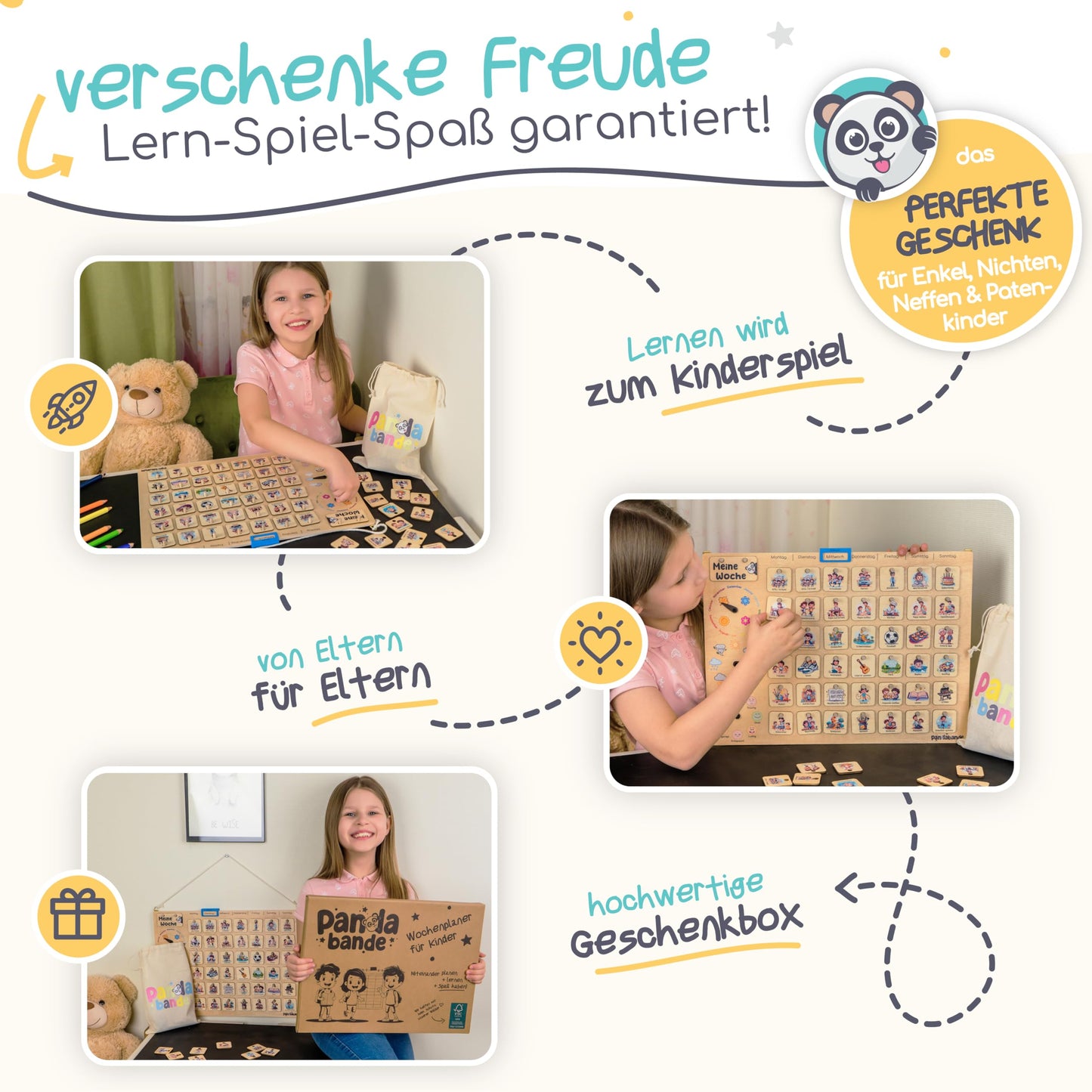 PANDABANDE® Premium Weekly Planner Kids [Emotions, Weather, Months] - 100% FSC®-certified wooden toy - Ideal weekly schedule for children, daily planner, routine planner, kids calendar