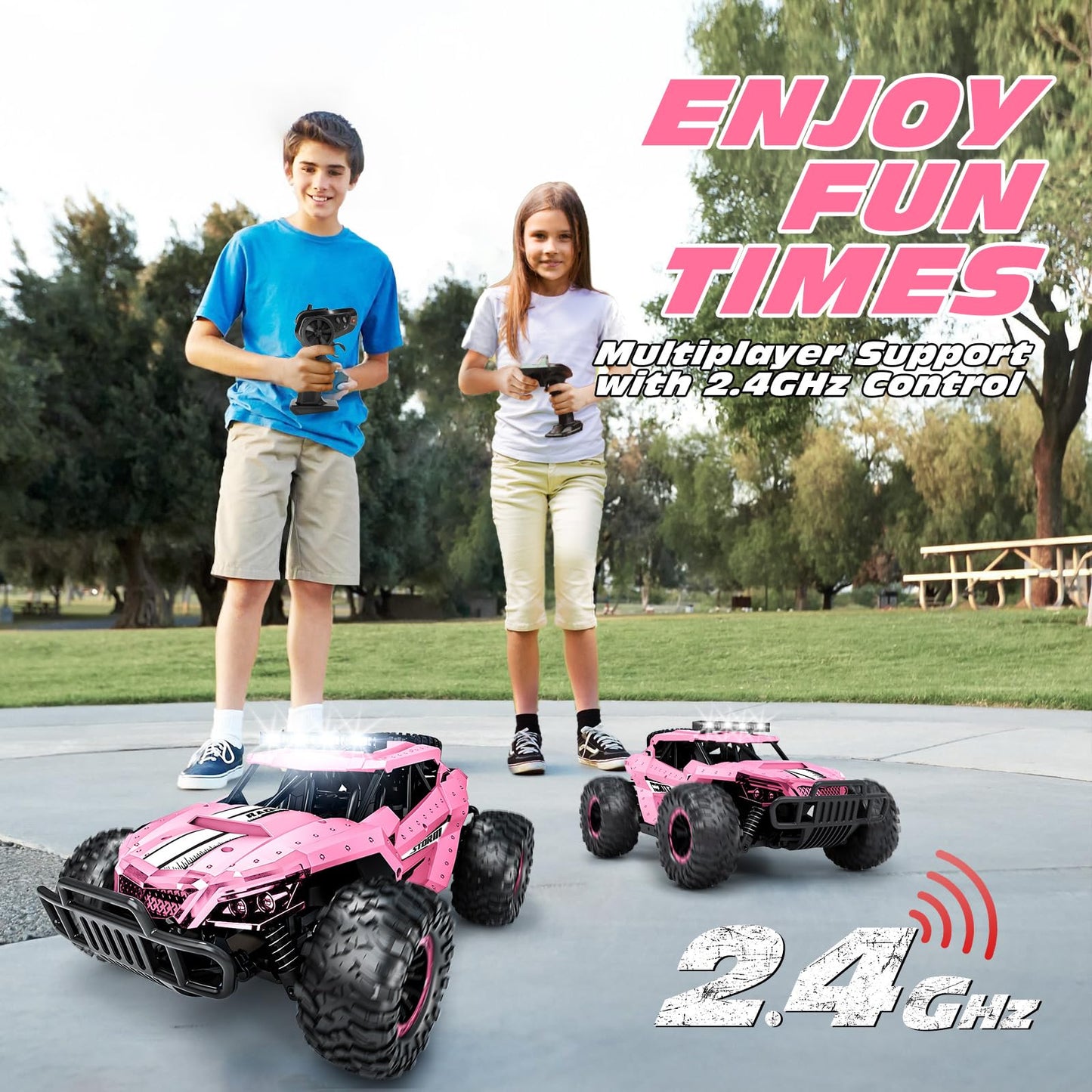 Tecnock Remote Control Car 1:16 with headlights and chassis lighting, All Terrain Off Road RC Monster Truck 2.4GHz Toy, 2 batteries for 60 min runtime - Gift for adults and children.