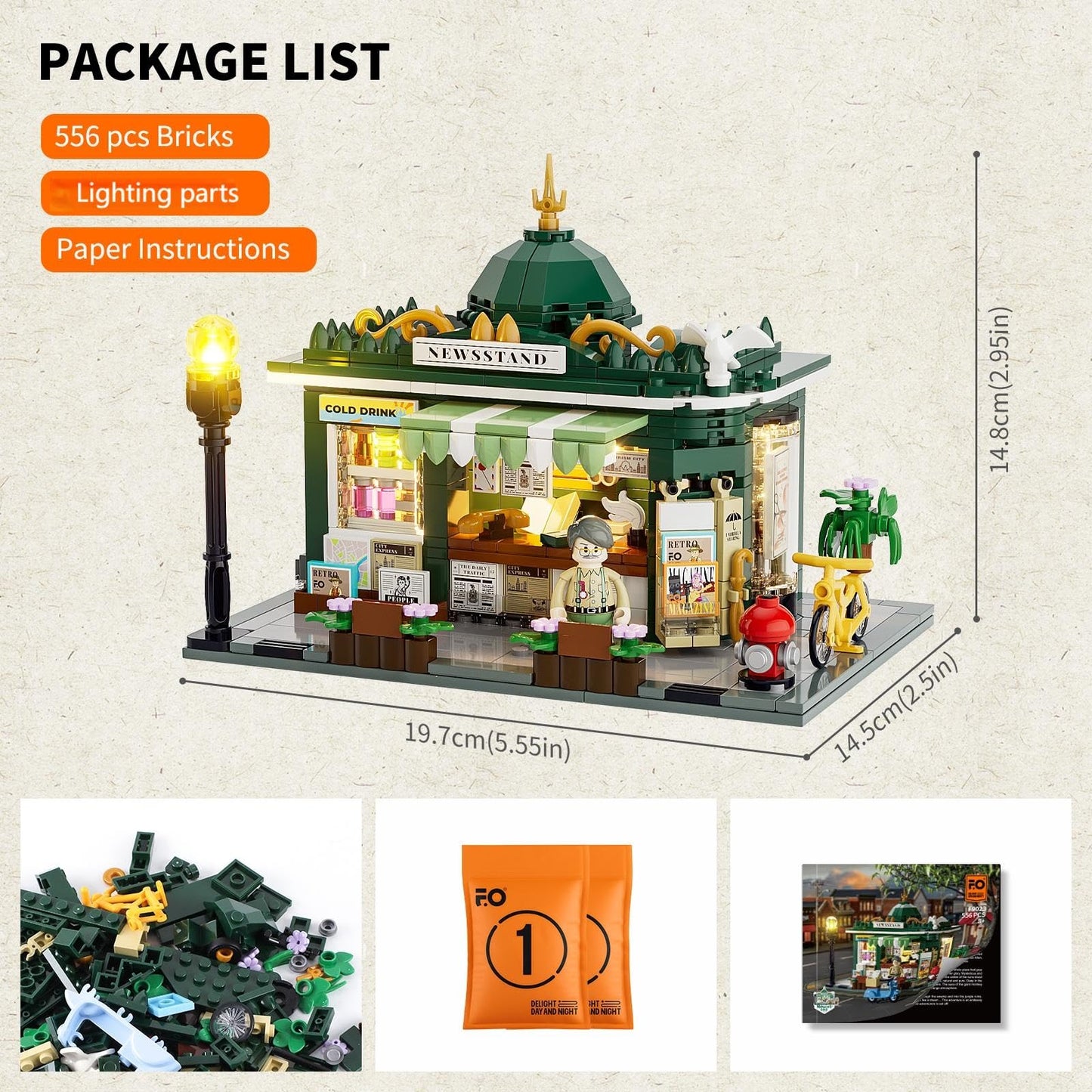 FUNWHOLE Kiosk Lighting Clamp Building House, Desk Decor, Retro Modular Building City Life Set, Gift for Adults and Teens, 556 Pcs, F9023, Newsstand