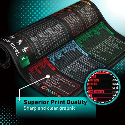 Pixiecube Excel shortcut keys mousepad, extended large XXL cheat sheet, gaming mousepad, PC office spreadsheet, keyboard mat, non-slip stitched edges.