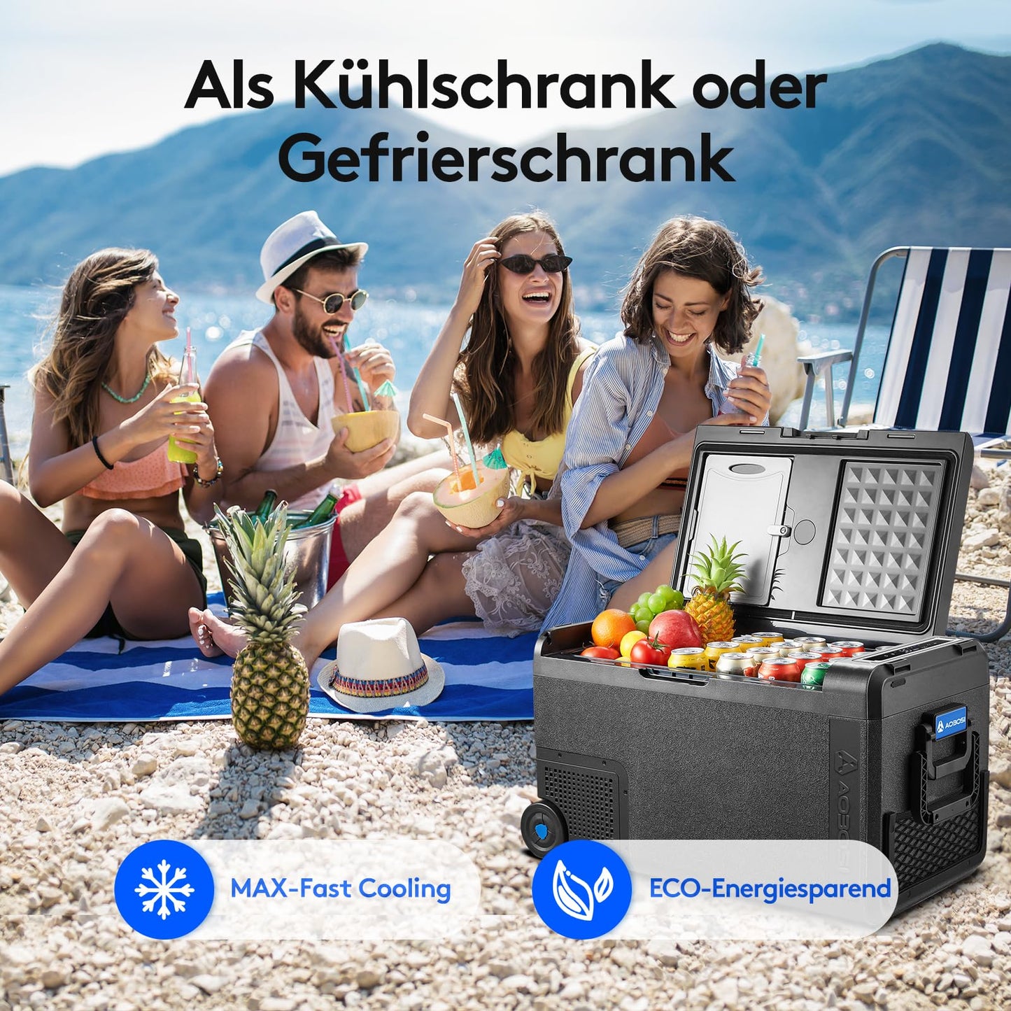 AAOBOSI compressor cooler 38L, car cooler -20°C to 20°C, robust cooler 12V 230V for cars, trucks, boats, RVs, camping, and fishing.