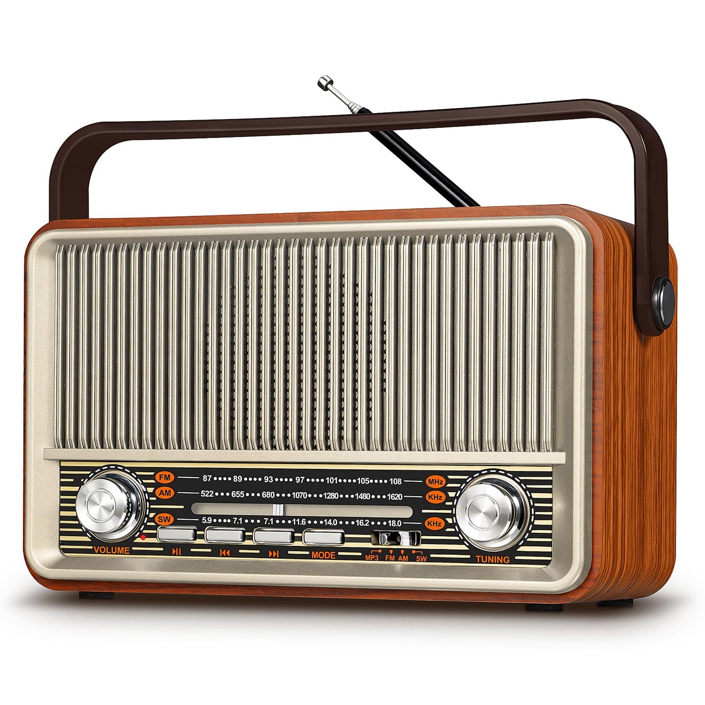 PRUNUS J-120 AM/FM/SW Retro Radio Small, portable radio with 1800mAh battery, or AC power, kitchen radio with Bluetooth, supports USB/TF/AUX, simple radio for seniors. [Light Gold]
