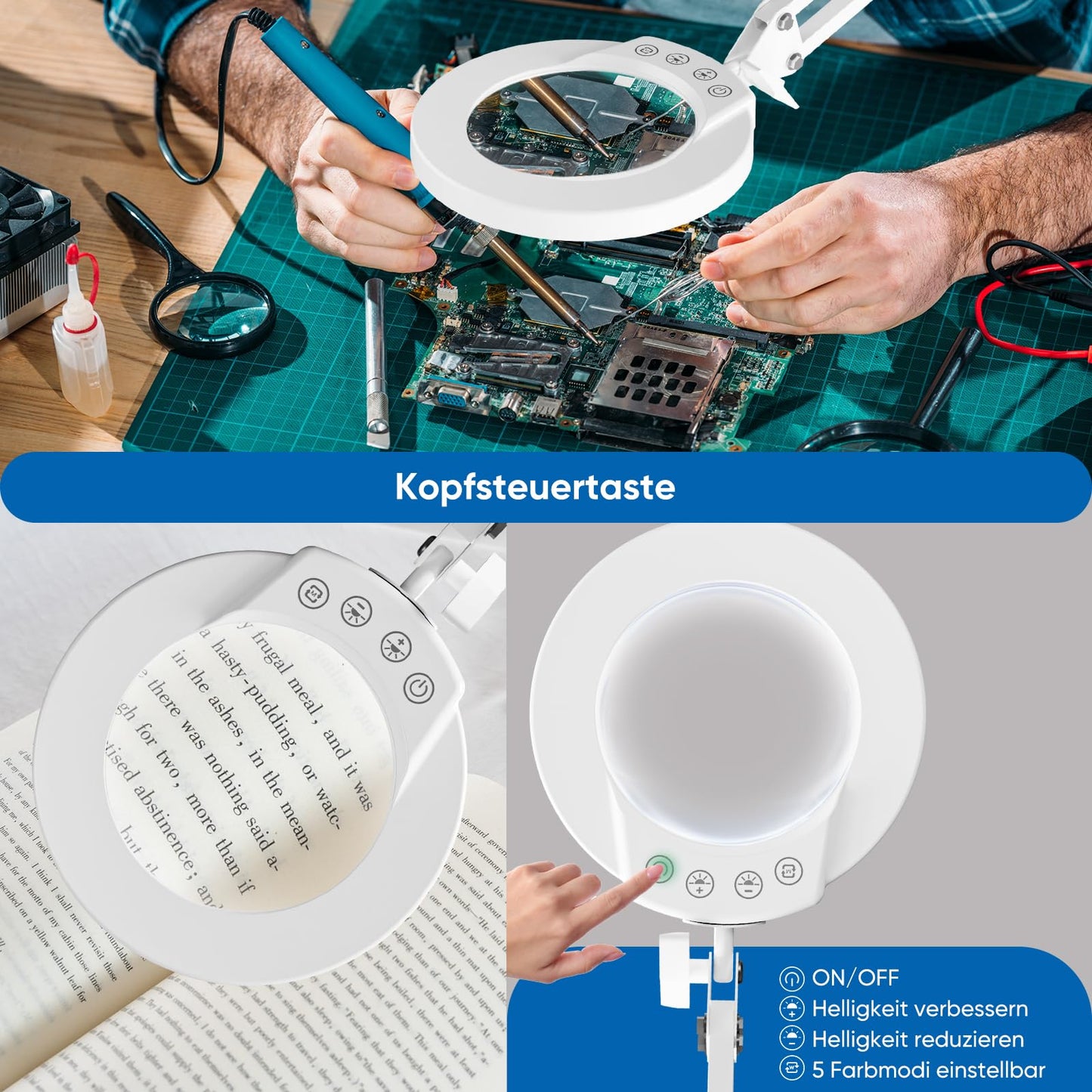 Mandland 2pcs 10X Magnifying Glass with Light and Clamp, illuminated magnifier made of real glass with 5 colors & stepless dimming, hands-free desk lamp for hobbies, crafts, reading, and close work (White)