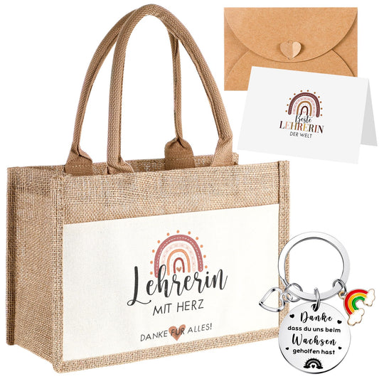 Tenare 4-piece Thank You Gifts for Teacher Day - Teacher Jute Handbag, Metal Teacher Keychain with Engraving, Rainbow Thank You Card with Envelope. Farewell to Educator for Graduation School.