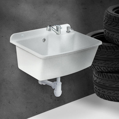 GOSPO Sink basin with pull-out faucet, washbasin 61 x 44 x 23.5 cm, utility sink with soap dispenser, siphon, sink including accessories, utility room, industrial washbasin (white)