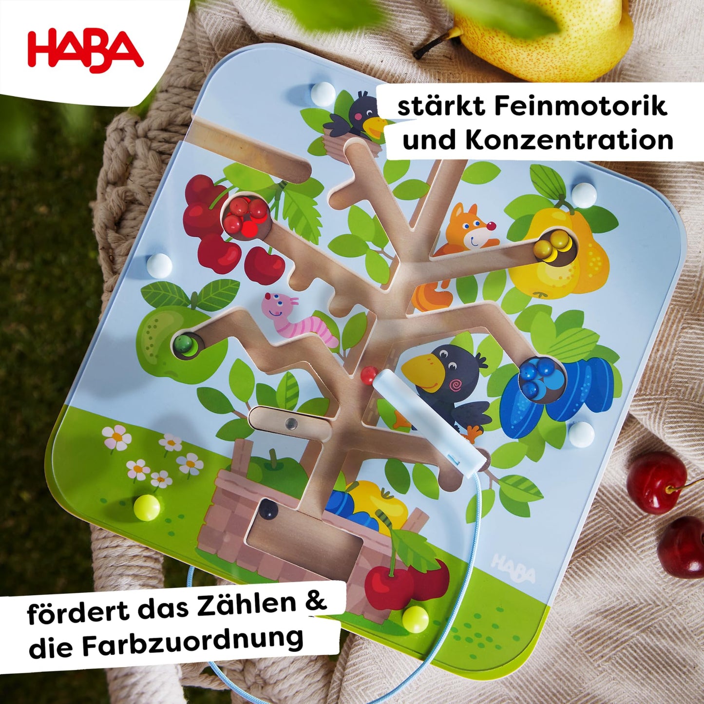 HABA Magnetic Game Orchard - labyrinth with magnetic pen and balls, promotes counting and color matching, wooden toy for ages 2 and up - 1306083001