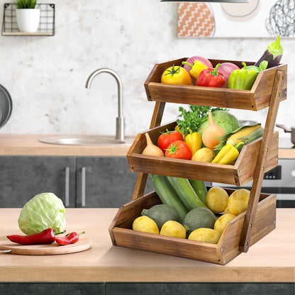 CALM COZY 3-tier Fruit Basket Wood, Decorative Fruit Basket Organizer, Vegetable Bread Storage Holder for Countertop Kitchen