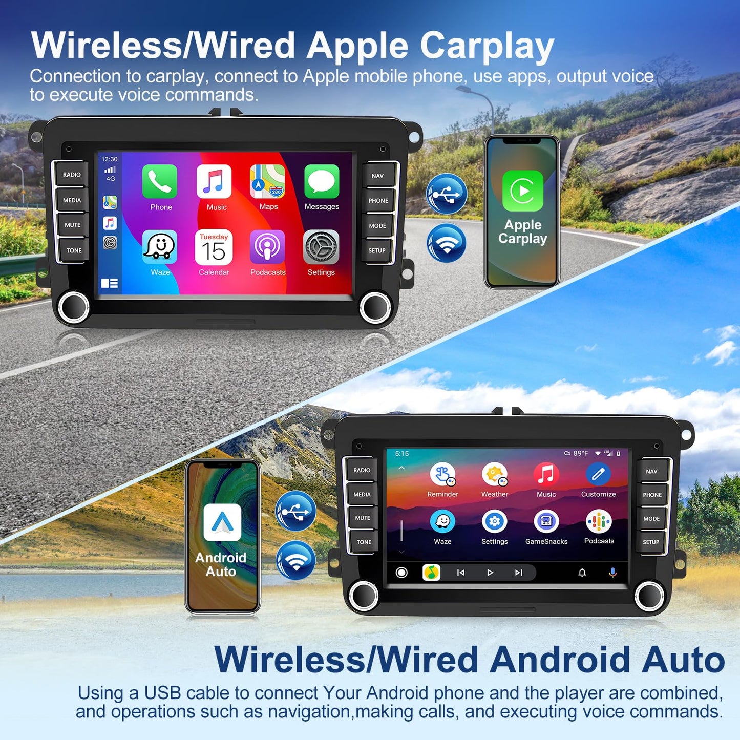 Podofo 2+64G car radio for VW Golf 5 6 Polo Seat Skoda with Wireless Carplay Android Auto, 7-inch Android 13 car radio with screen, Bluetooth, WLAN, GPS, RDS + rearview camera & microphone