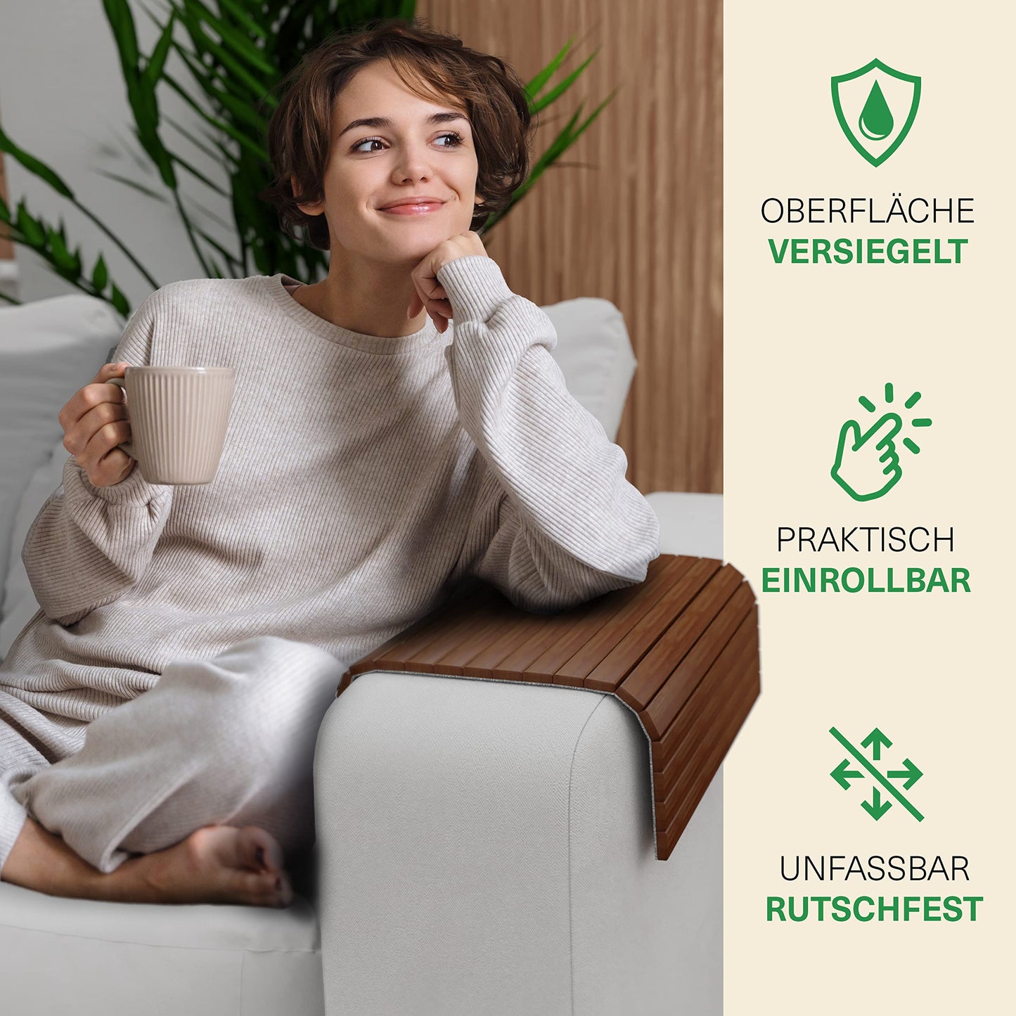 Green'n'Modern sofa tray holder - Bamboo wood drink holder armrest | Couch tray flexible as sofa butler | Shelf | Armrest tray (Brown)