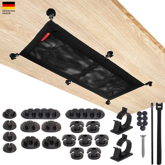 Cable Management Desk - Flexible cable channel desk for hiding cables with double-layered net and integrated pocket for storage (Black - 63 x 24 cm)