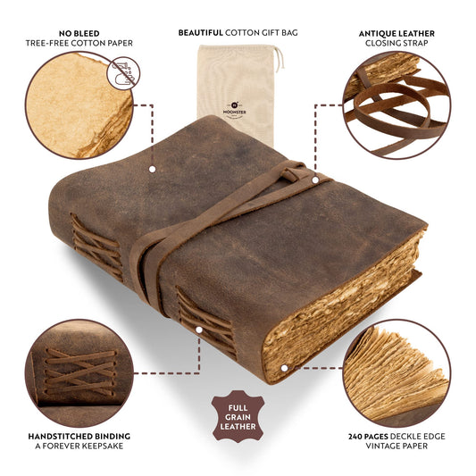 Moonster Vintage Leather Notebook, 240 pages Wood-free Cotton Wove Paper, Deckle Edge Journal, Leather Diary, Sketchbook, Blank Book, Decorative Book Vintage, Leather Guest Book - 18x13cm