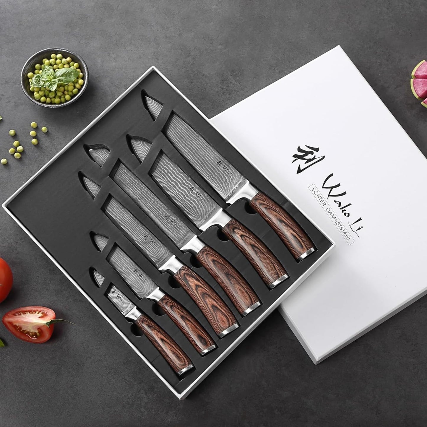 Wakoli EDIB 6-piece damascus knife set I Sharp kitchen knife set made of 67 layers of damascus steel with VG10 core & pakka wood handle I Chef's knife set in gift box I precise cutting & long-lasting sharpness