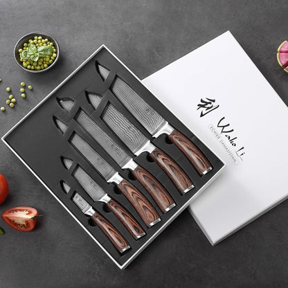 Wakoli EDIB 6-piece damascus knife set I Sharp kitchen knife set made of 67 layers of damascus steel with VG10 core & pakka wood handle I Chef's knife set in gift box I precise cutting & long-lasting sharpness