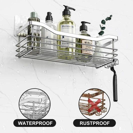Orimade shower caddy without drilling with soap dish and 5 hooks - shower shelf for the shower bathroom, kitchen shelf organizer soap dish - adhesive shower caddy without drilling - stainless steel - 3 pack