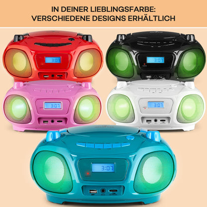 Auna portable radio for kids with CD player, microphone, and USB, 3W boombox with Bluetooth function, AUX/FM radio portable with LED display, MP3, 5.0 streaming, CD-radio for girls and boys.