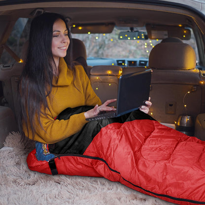 YARMINE sleeping bag, 3-4 seasons, outdoor camping gear for adults and kids. Portable, rectangular, soft, thick, and warm in red and black. Perfect for outdoor activities like hiking and travel.