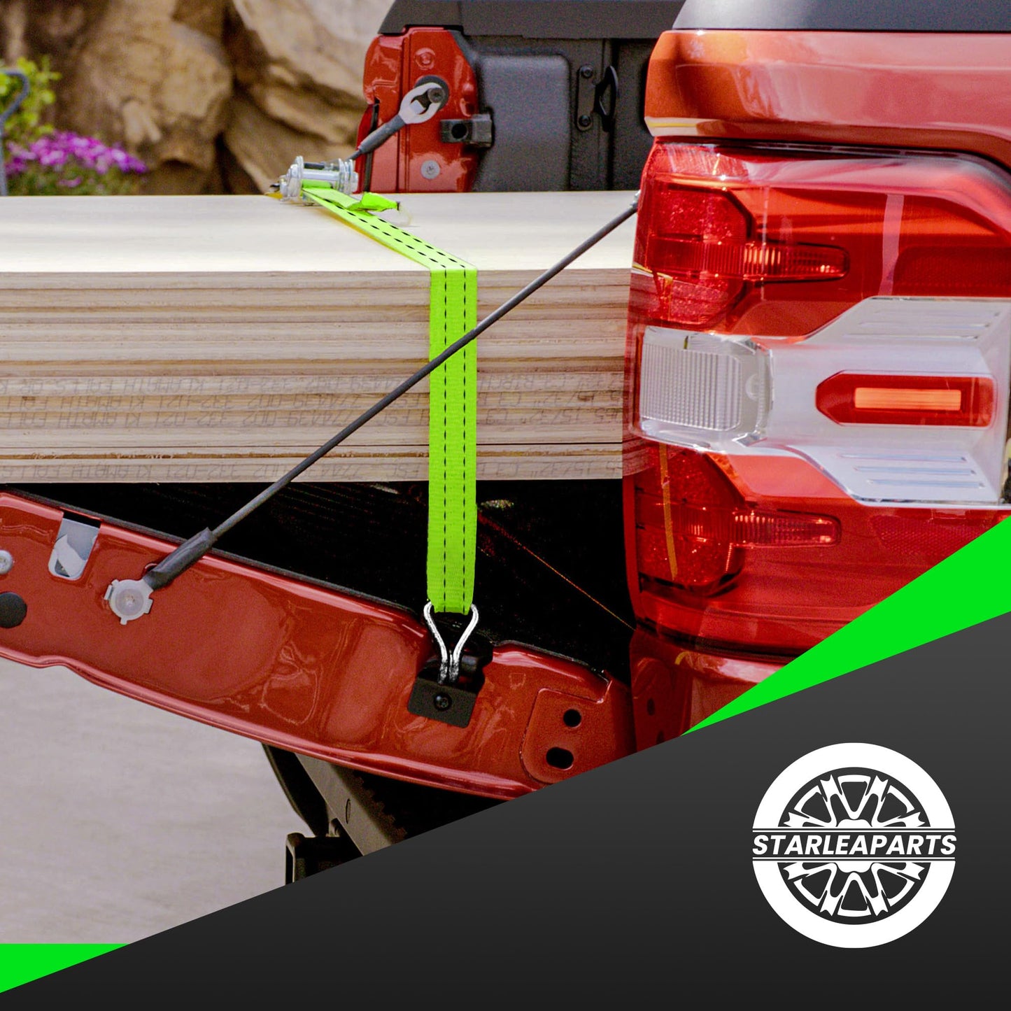 StarLeaparts 2-piece set ratchet tie-down straps, 6m x 35mm. Professional two-piece wheel straps, rated up to 2000kg. Ratcheting straps for car transport vehicle wheel security, Green.