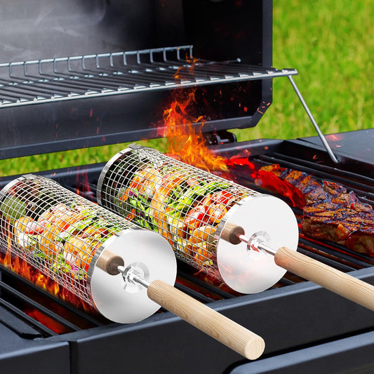 ivtivfu Nestbar Rolling BBQ Basket, Detachable Wooden Handle, Stainless Steel 304, Outdoor Kitchen Grill Accessory for Vegetables, Garden Camping Gadgets for Gas Grill, Gifts Birthday Present for Men Dad