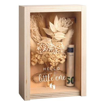 Buy by Brothers money box, money gift box, money gift, Hello Little One, baby boy/girl birth gift, wooden box+dried flowers+test tube, muted green, rusty orange, tan.