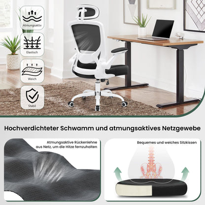 KERDOM Office Chair Desk Chair Ergonomic, Executive Chair with Adjustable Headrest, Armrests, Swivel Chair Tilt Function up to 135° Office Chair 150 kg White