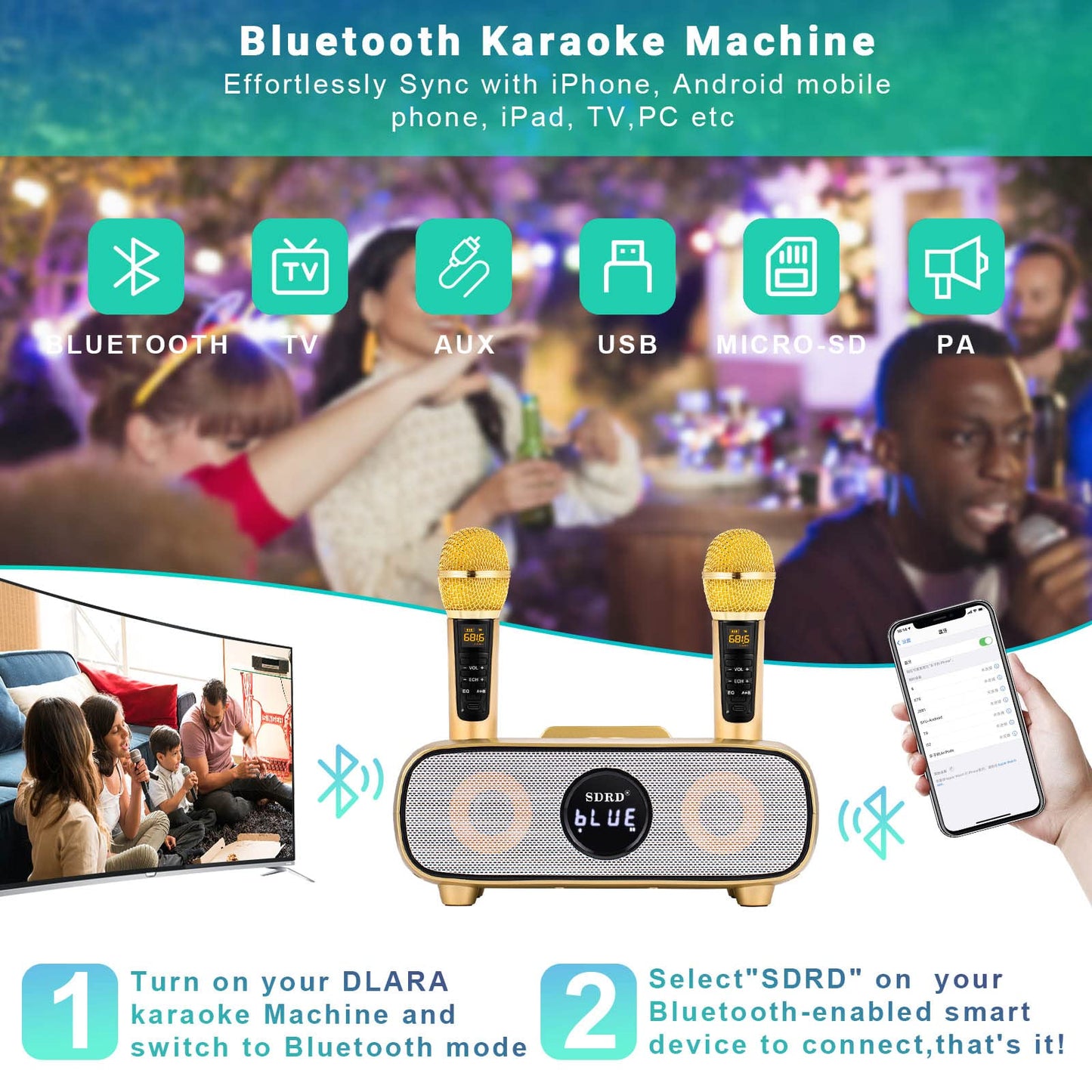 Karaoke Machine, Bluetooth karaoke system for adults and children, portable PA system with 2 microphones, speaker with phone holder/USB/TF-card/AUX-In, for home parties, picnics, outdoor/indoor (Gold)