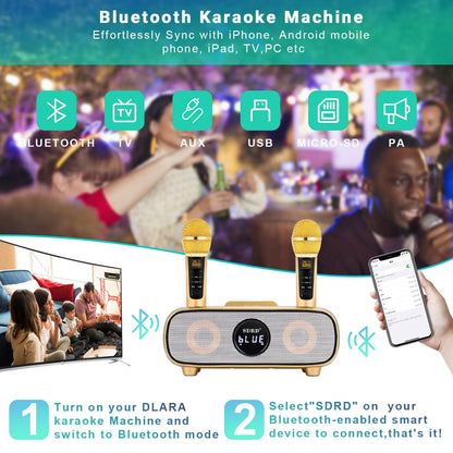 Karaoke Machine, Bluetooth karaoke system for adults and children, portable PA system with 2 microphones, speaker with phone holder/USB/TF-card/AUX-In, for home parties, picnics, outdoor/indoor (Gold)