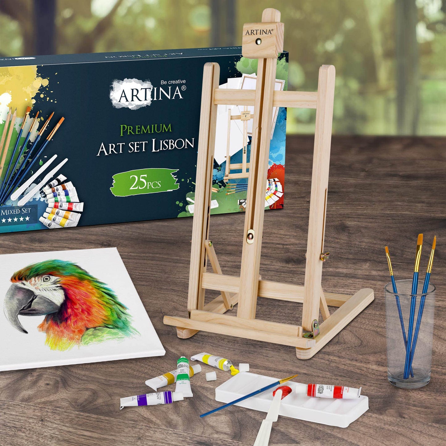 Artina 25-piece Premium Painting Set with Table Easel Lisbon - Painting Supplies Artist Set 8x 12ml Acrylic Colors Set, 5x Canvas Set, Brushes - Painting Set for Adults Kids - FSC® Easel Set