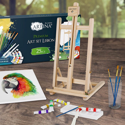 Artina 25-piece Premium Painting Set with Table Easel Lisbon - Painting Supplies Artist Set 8x 12ml Acrylic Colors Set, 5x Canvas Set, Brushes - Painting Set for Adults Kids - FSC® Easel Set