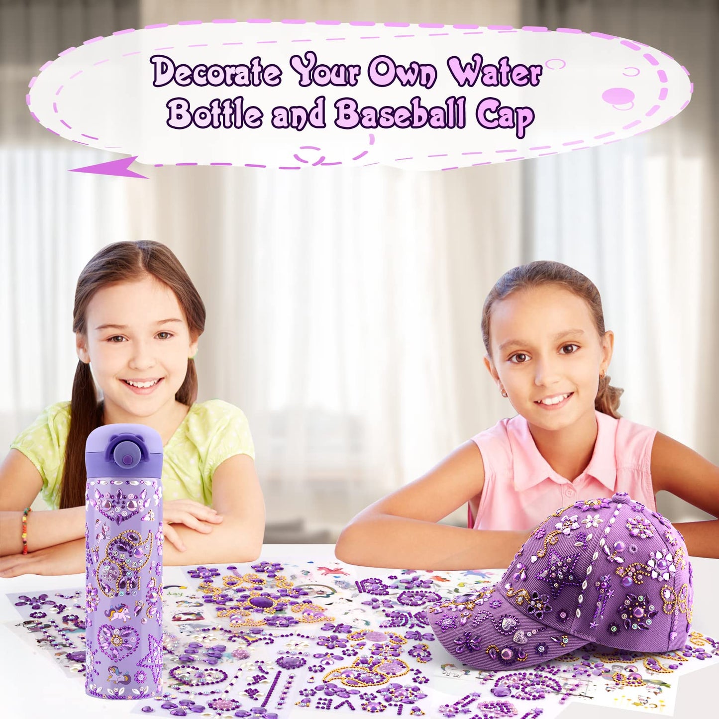 Gifts for girls DIY water bottle baseball cap, customize with gemstone unicorn stickers, back to school birthday gift for girls ages 4-13, hat crafting.