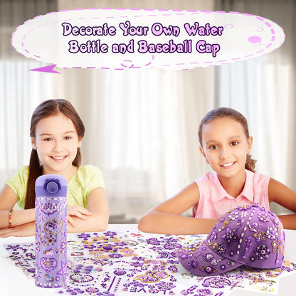 Gifts for girls DIY water bottle baseball cap, customize with gemstone unicorn stickers, back to school birthday gift for girls ages 4-13, hat crafting.