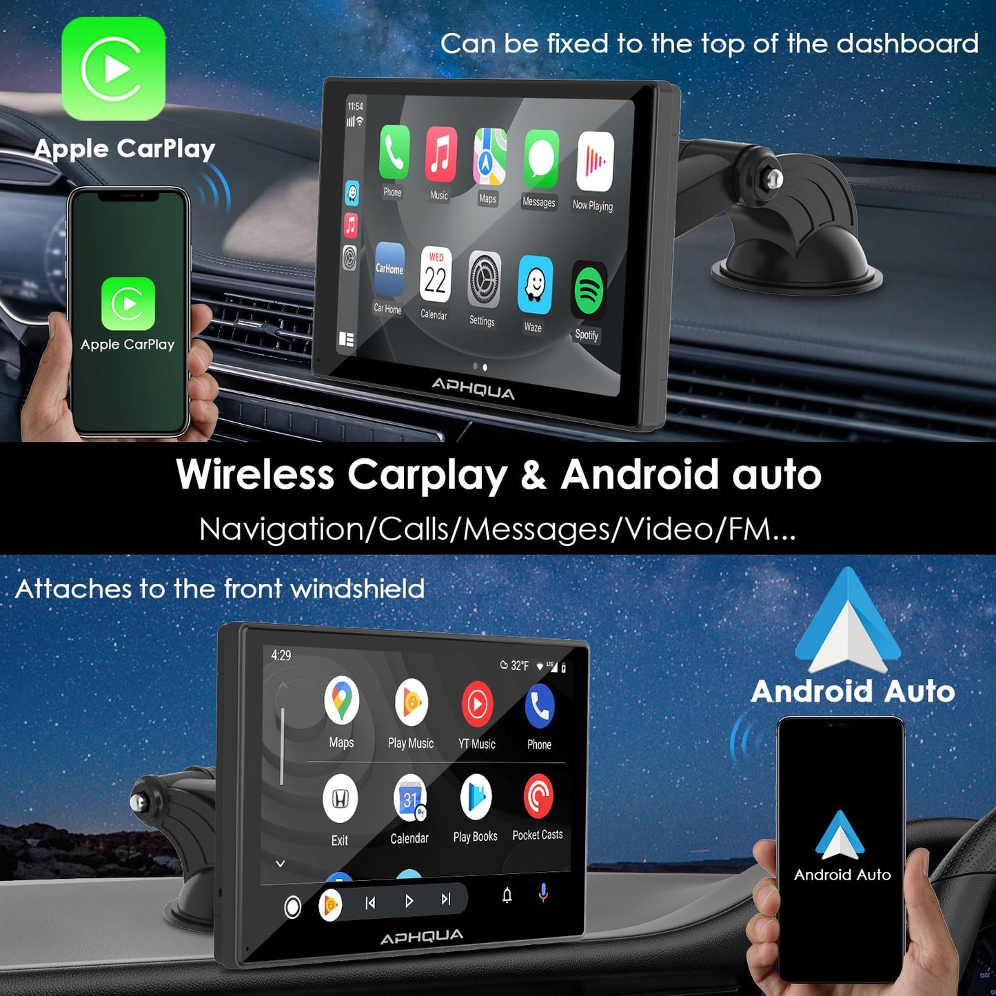 aphqua 2023 Newest Wireless Apple Carplay & Android Auto, 7-inch Touchscreen Digital Media Car Radio Receiver Wirelessly Portable Car Radio with Mirror Link, Google, Bluetooth