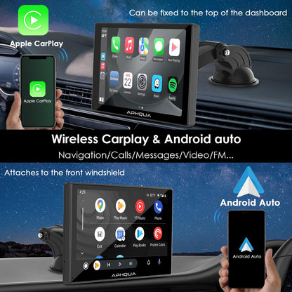 aphqua 2023 Newest Wireless Apple Carplay & Android Auto, 7-inch Touchscreen Digital Media Car Radio Receiver Wirelessly Portable Car Radio with Mirror Link, Google, Bluetooth