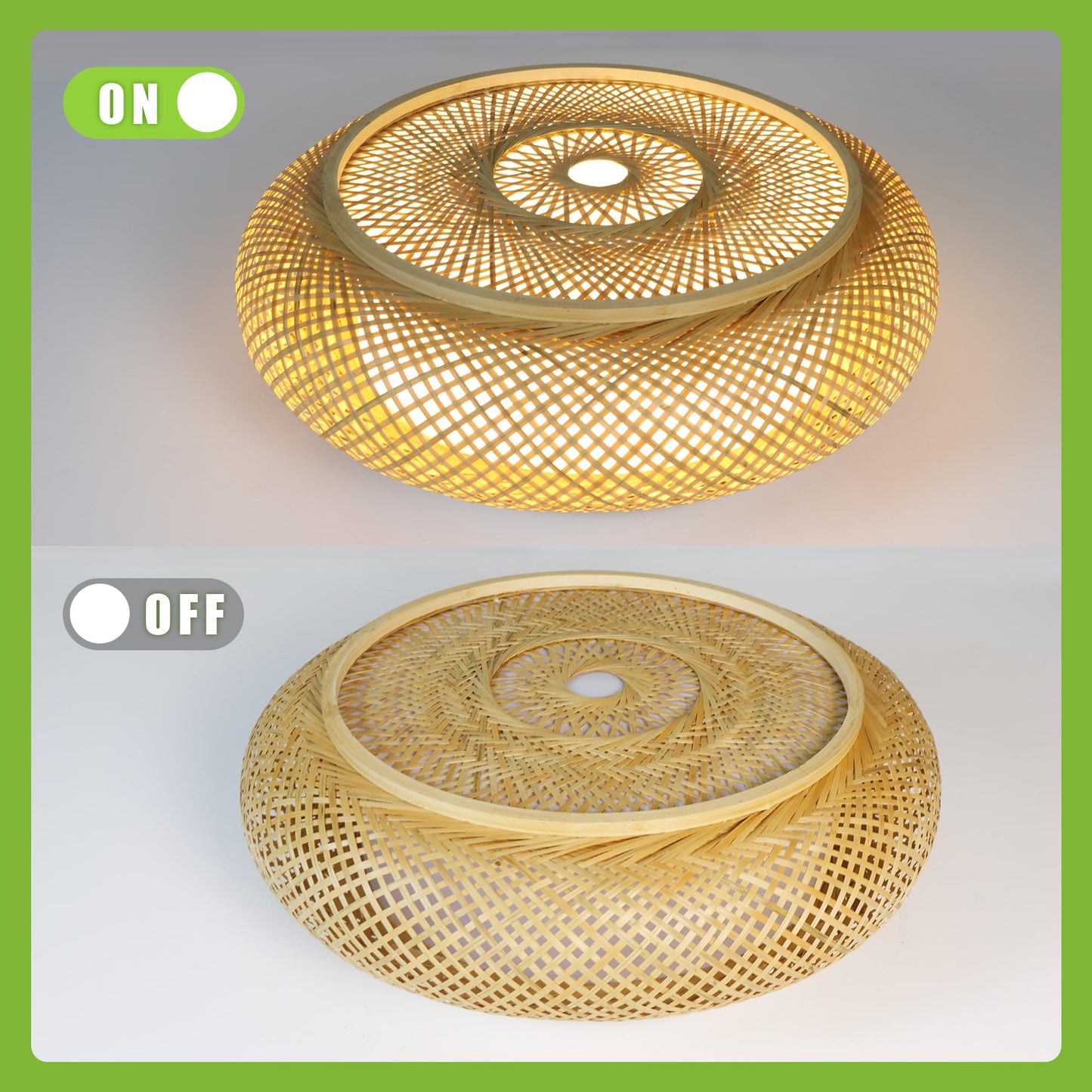 Bamboo LED ceiling light with remote control, dimmable handwoven natural wood lamp. Retro rattan design, 50W, round shape for bedroom, living room, hallway, 50cm.