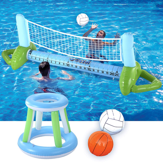 JOYIN Inflatable Pool Volleyball Set, Volleyball Basketball Hoops Pool Float Set, Floating Summer Floaties, Volleyball Pool Party Lounge Raft, Inflatable Party Swimming Game Toy.