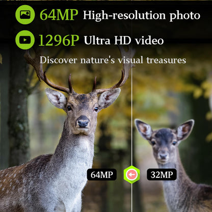 BlazeVideo 48MP wildlife camera with night vision, 1296P H.264 MPV video, motion detector, night vision, time-lapse, IP66 waterproof and 2.4" screen.