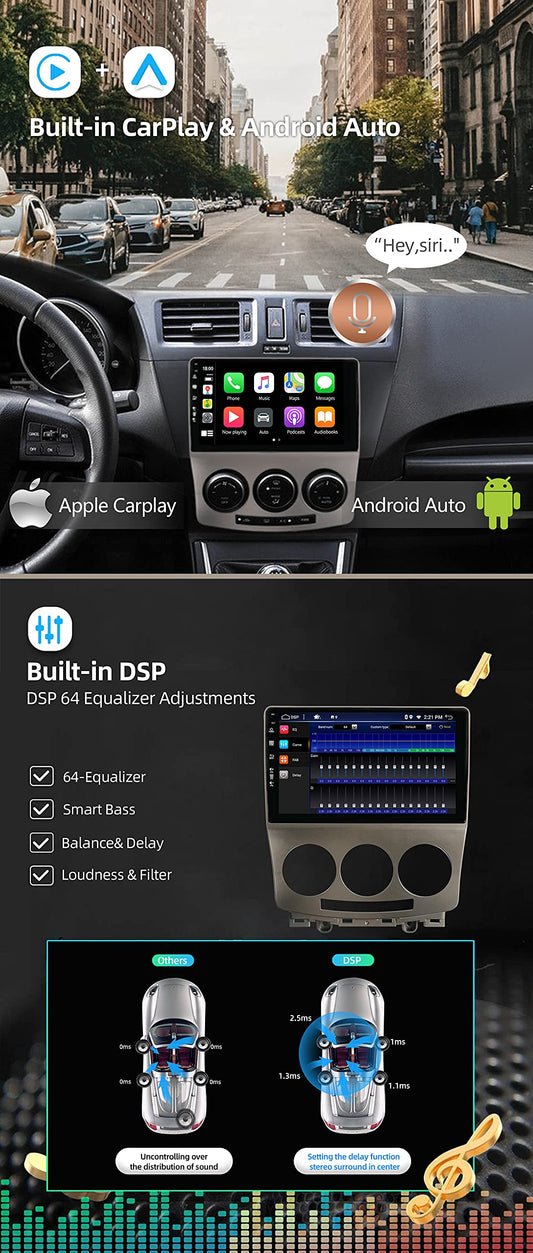 JOYX Android 14 Car Stereo Fits Mazda 5 (2005-2010) - [4G+64G] - Built-in DSP/Carplay/Android Auto - Free LED Rearview Camera - 2.5D 9 Inch - With Steering Wheel Control 4G WiFi Bluetooth 5.0 DAB