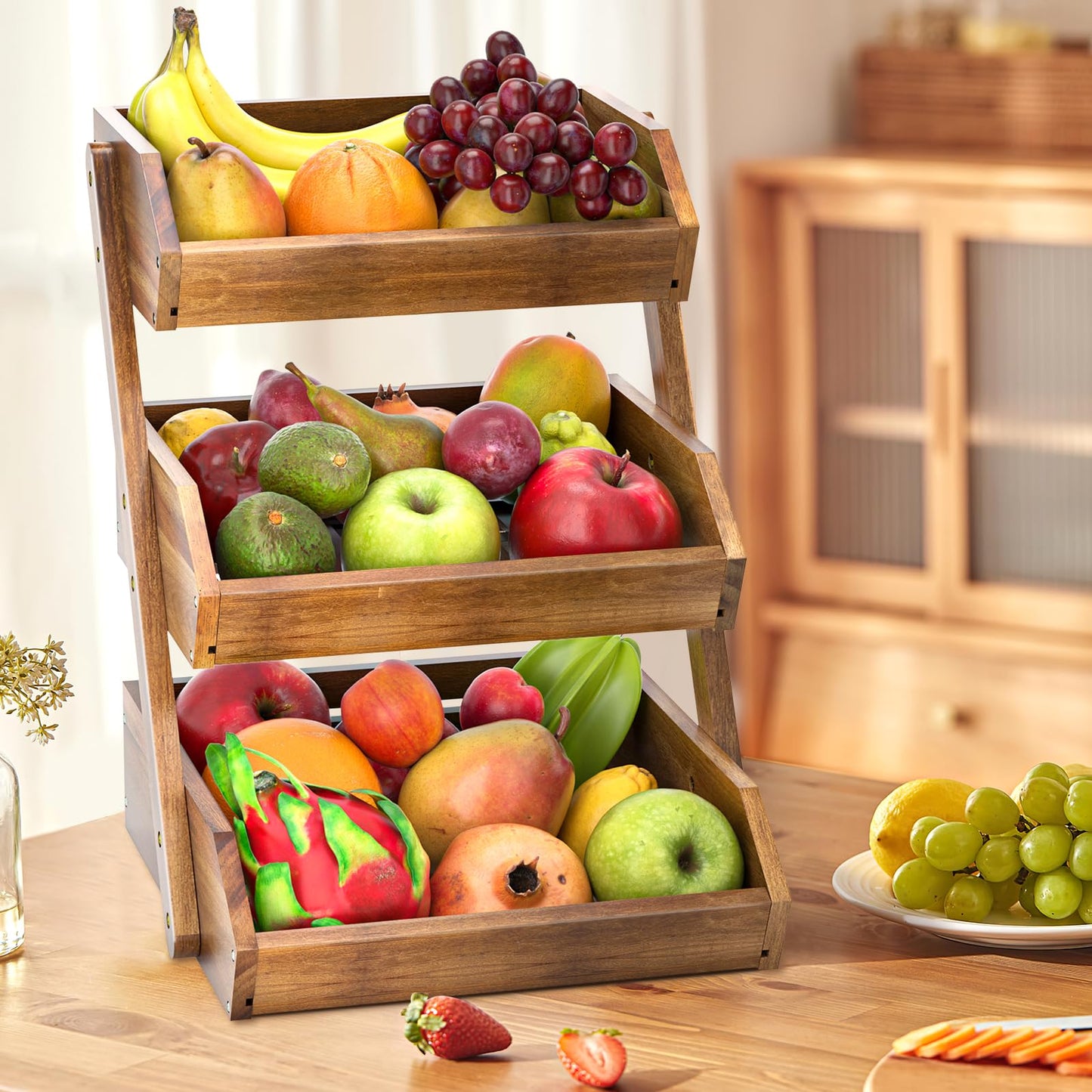 CALM COZY 3-tier Fruit Basket Wood, Decorative Fruit Basket Organizer, Vegetable Bread Storage Holder for Countertop Kitchen