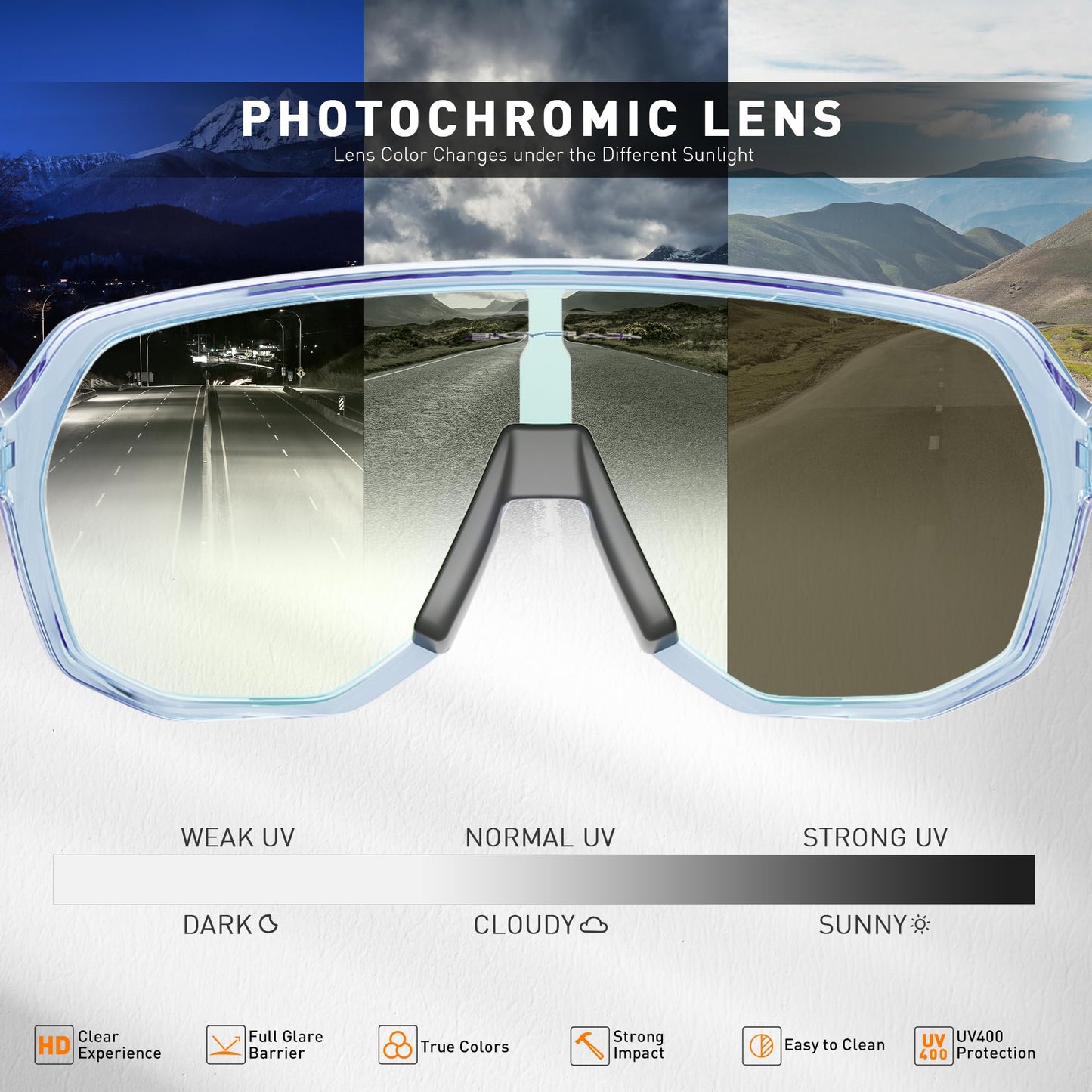 KAPVOE self-tinting cycling sunglasses for men and women. Ideal for fast cycling, running, and mountain biking with UV protection. Model K63.