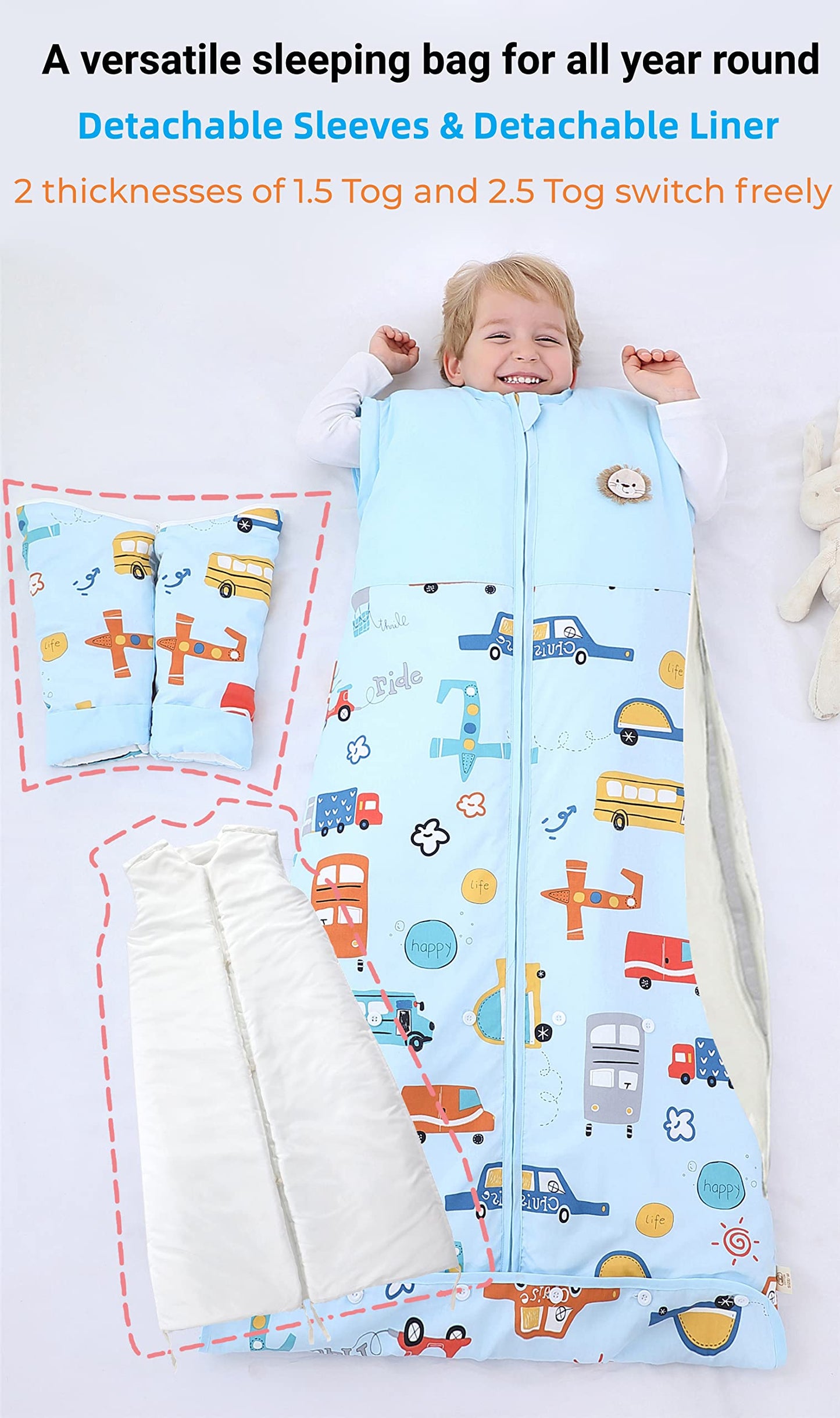 Chilsuessy Winter 2.5 Tog Kids Sleeping Bag with Removable Sleeves Organic Baby Sleeping Bag All Season Sleeping Bag for Boys and Girls 1-10 years old, 2.5 Tog/Colorful Bus, M (70-100 cm)